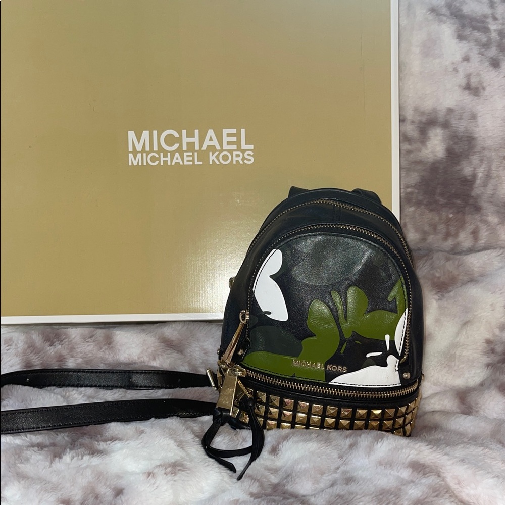 Michael Kors Black and Green Backpack with Gold Studs